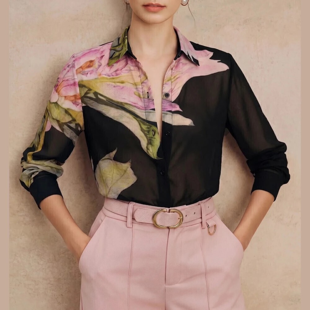 Black Watercolor Floral Print Sheer Chiffon Long Sleeve Button Up Blouse Shirt - Picture 3 of 7